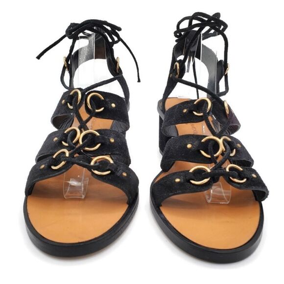 Club Monaco Jonet Black Suede Gold Rings Lace-Up Ankle Wrap Block Heel Sandals - Picture 6 of 12